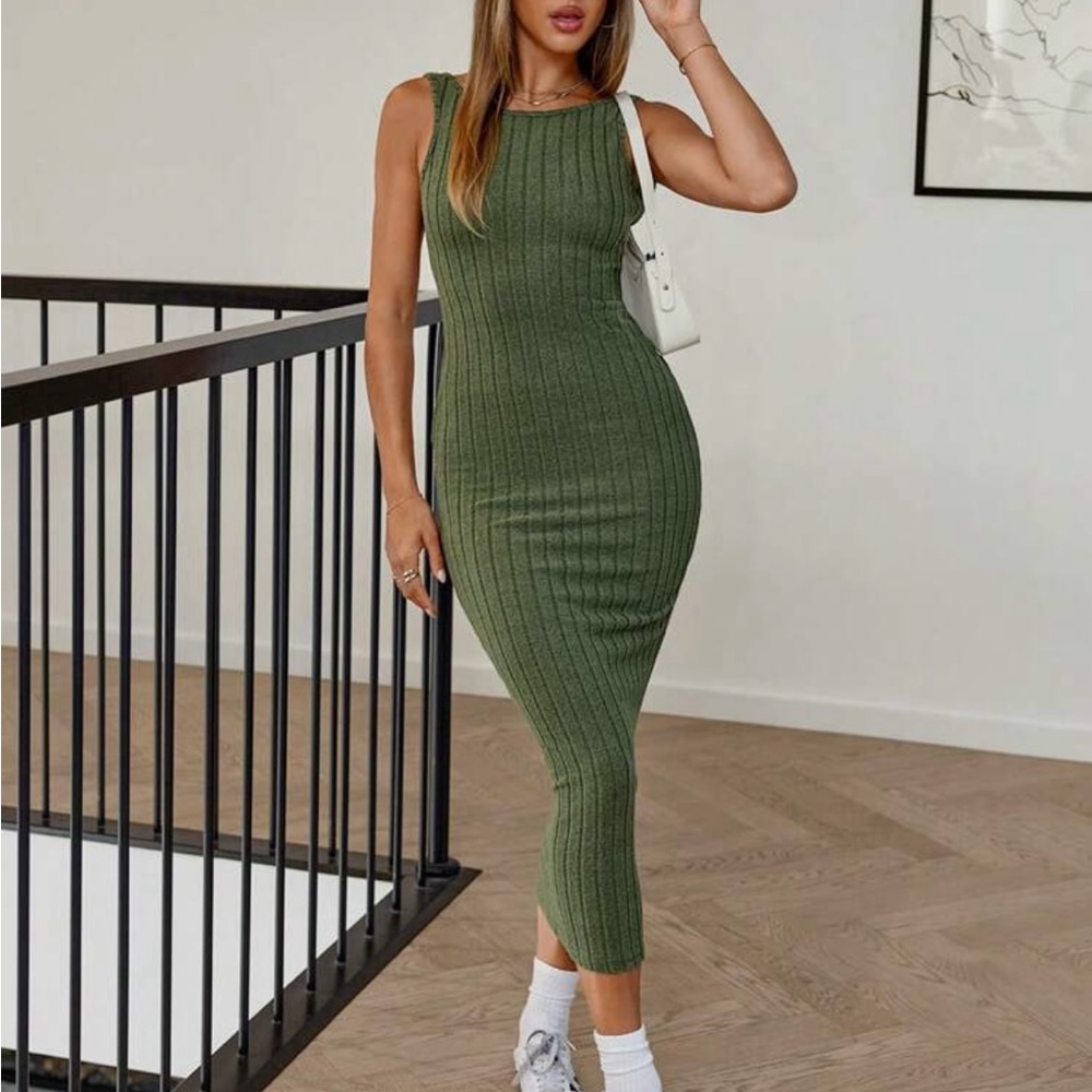 SHEIN Olive Ribbed Midi Dress